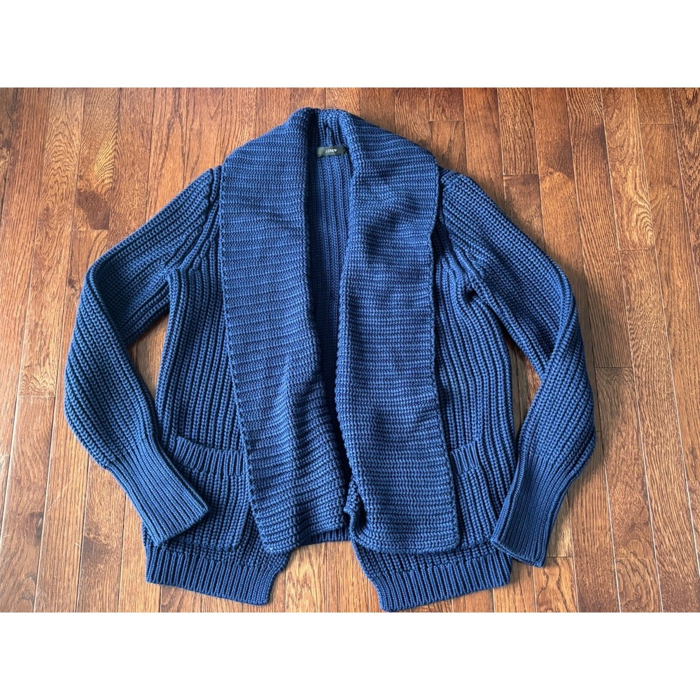 J Crew Long Sweater Cardigan  Womens Blue Navy Chunky Rib Open